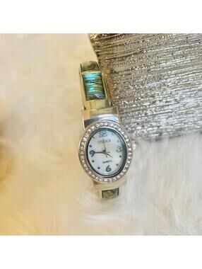 Studio Quartz Women's Silver Tone Bracelet Watch with Abalone Inlay